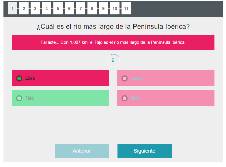 Ejemplo de feedback de quiz con colores por defecto: verde para respuesta correcta y rojo para respuesta incorrecta