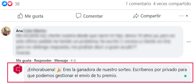 Replying to the winner's comment on Facebook