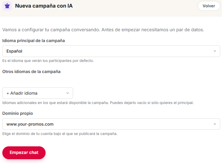 Pantalla de parámetros iniciales con idioma, otros idiomas y dominio propio