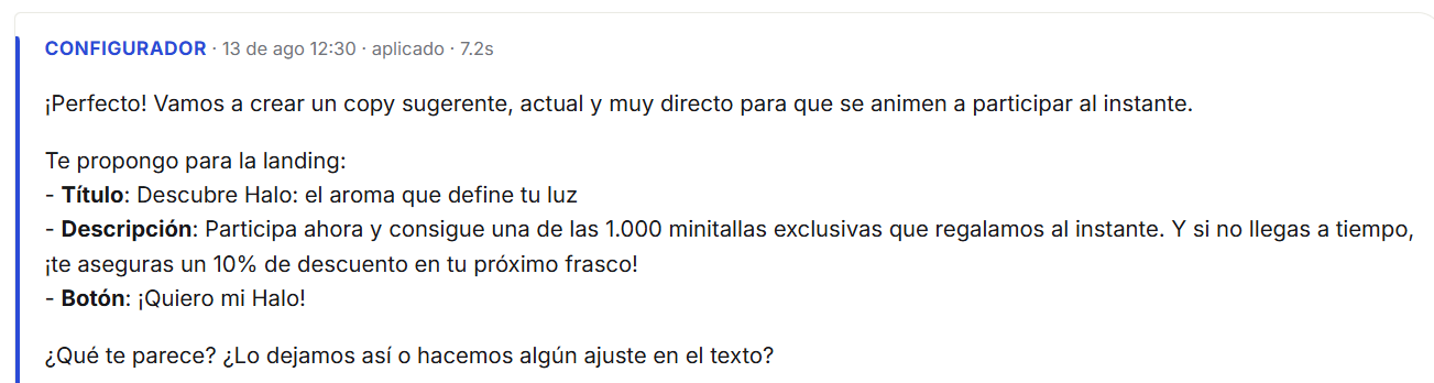 El agente propone el copy de la landing para revisión