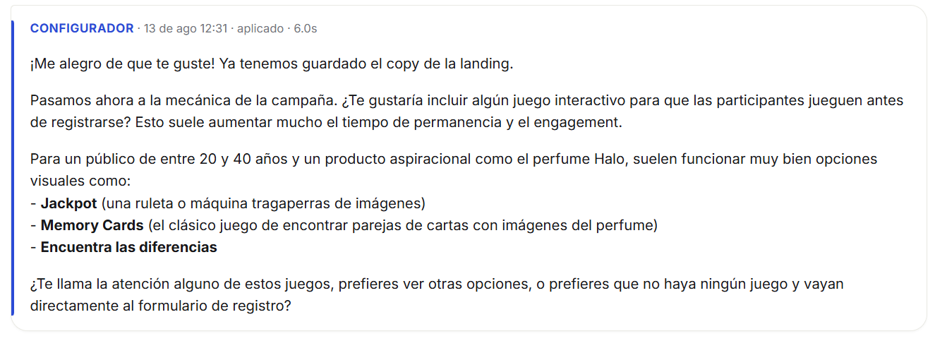 El agente propone opciones de mecánica de juego
