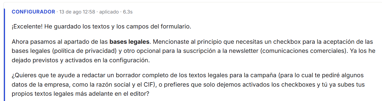 El agente confirma los checkboxes de bases legales y pregunta si redacta el borrador