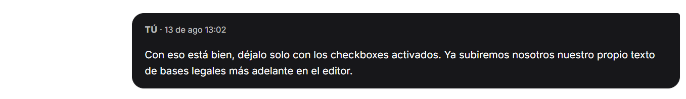 El usuario indica que no necesita el borrador de textos legales