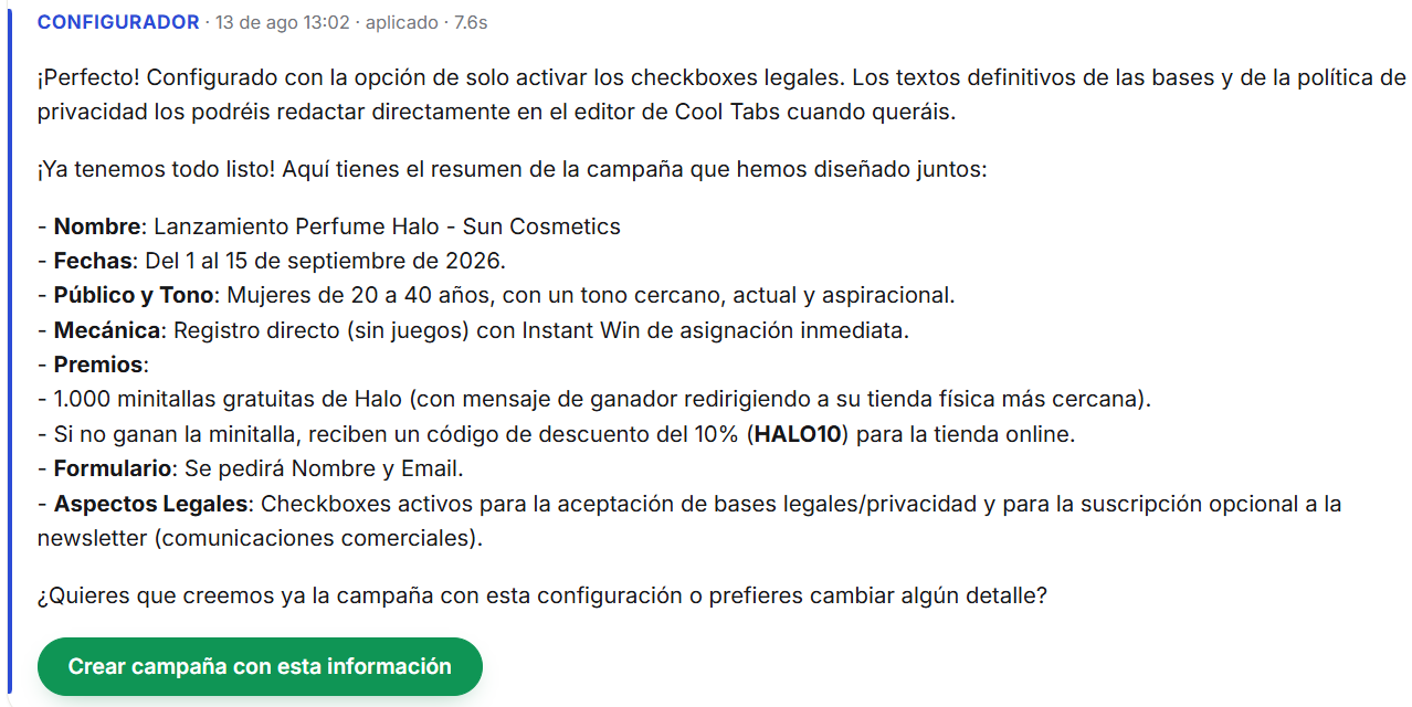 Resumen completo de la campaña con el botón Crear campaña con esta información
