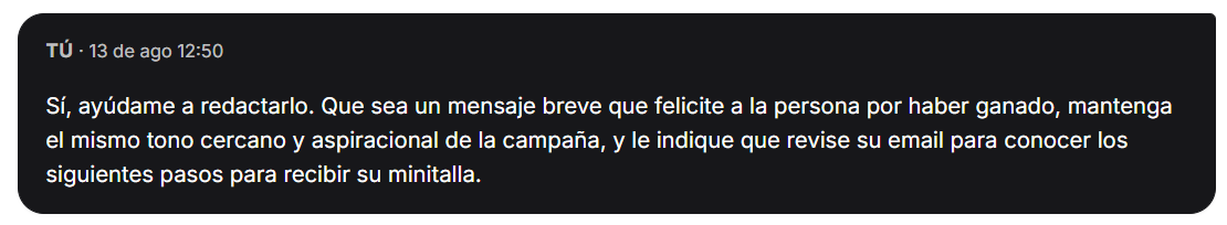 Propuesta del agente para el mensaje al ganador