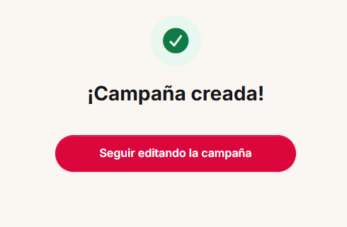Pantalla de revisión final con las opciones Volver al chat y Crear campaña