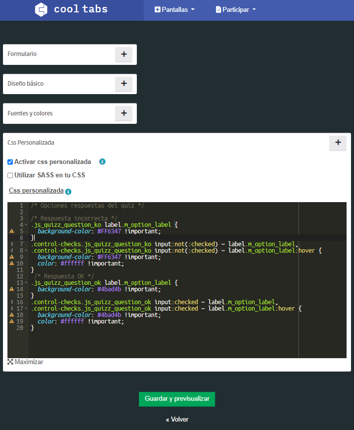 Ejemplo de CSS personalizada activada en la previsualización de una campaña de Cool Tabs